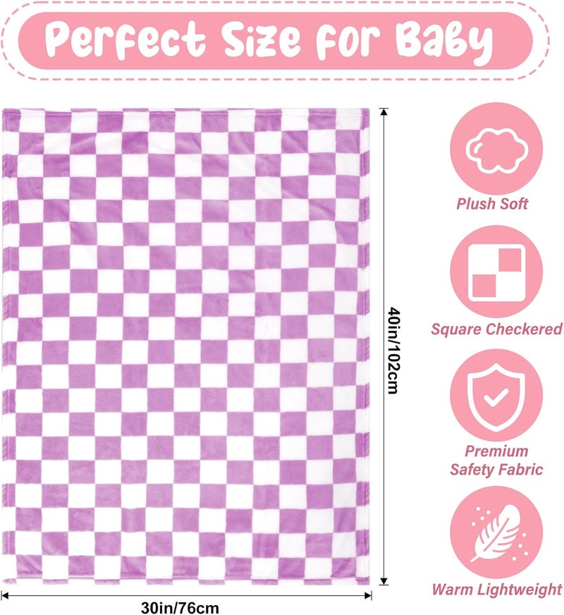 GreatBba Plush Checkered Baby Blanket for Boys Girls Nursery, 30"*40" Warm Short Fleece Blanket Neutral for Infant Newborn, Small Fuzzy for Sleeping, Chenille or Stroller (Purple&White) - Image 5